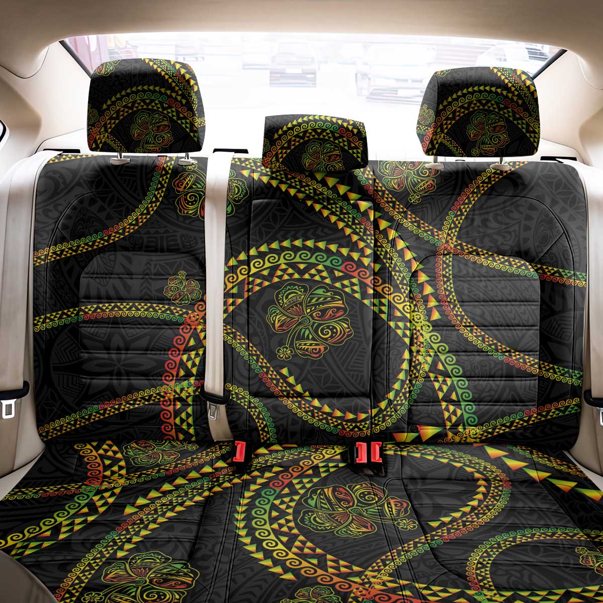 Hawaiian Kakau Art and Hisbiscus Tattoo Back Car Seat Cover Tribal Pattern-Reggae Style - Polynesian Pride