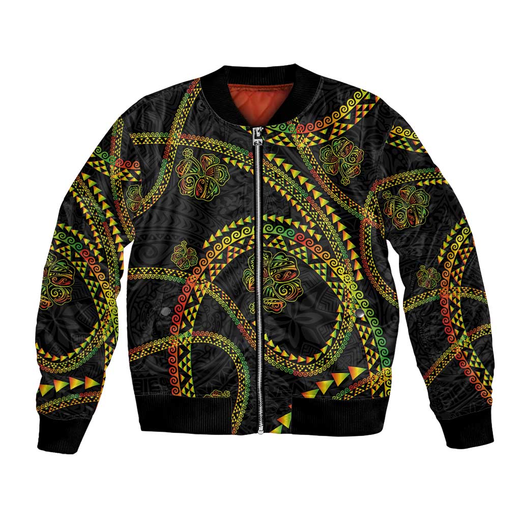 Hawaiian Kakau Art and Hisbiscus Tattoo Bomber Jacket Tribal Pattern-Reggae Style LT03 Unisex Black - Polynesian Pride