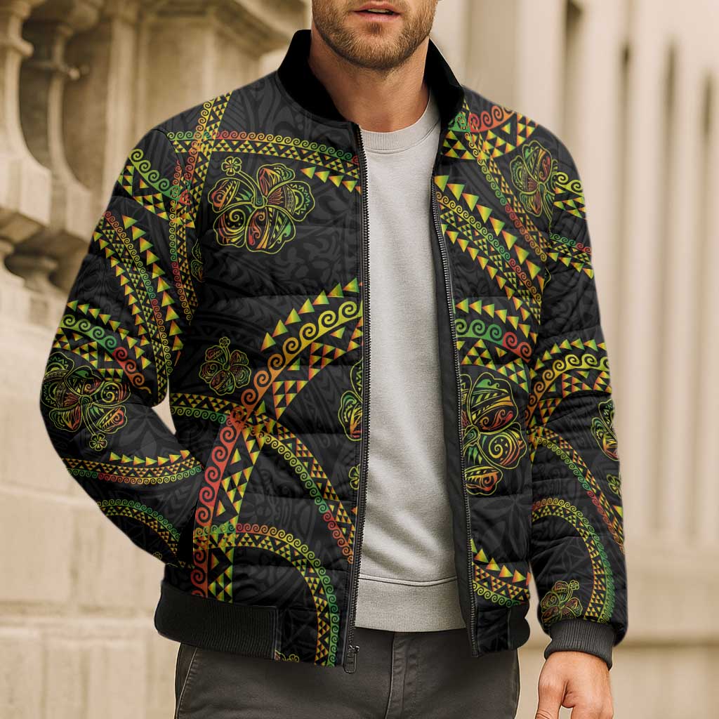 Hawaiian Kakau Art and Hisbiscus Tattoo Bomber Puffer Jacket Tribal Pattern-Reggae Style - Polynesian Pride
