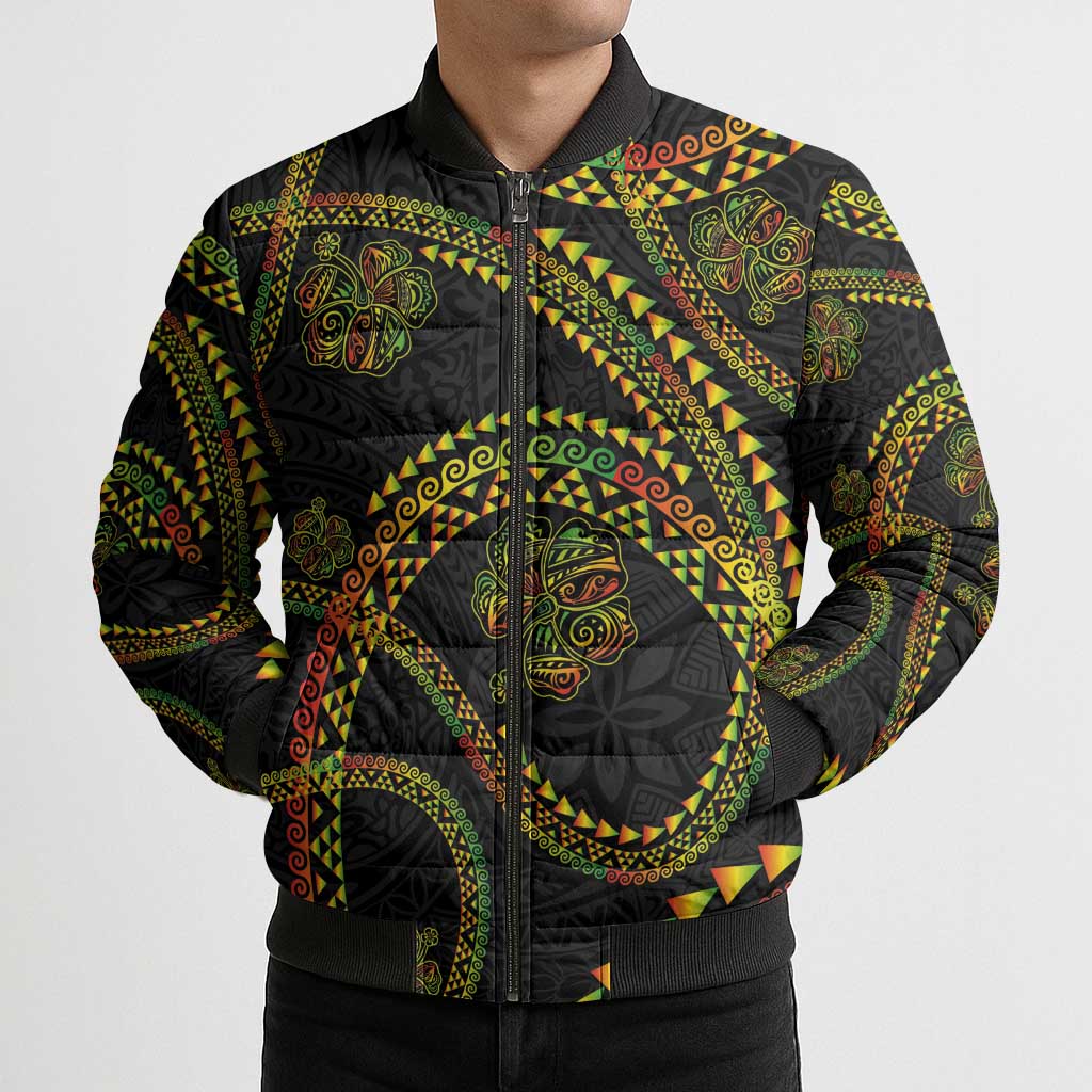 Hawaiian Kakau Art and Hisbiscus Tattoo Bomber Puffer Jacket Tribal Pattern-Reggae Style - Polynesian Pride