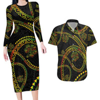 Hawaiian Kakau Art and Hisbiscus Tattoo Couples Matching Long Sleeve Bodycon Dress and Hawaiian Shirt Tribal Pattern-Reggae Style - Polynesian Pride
