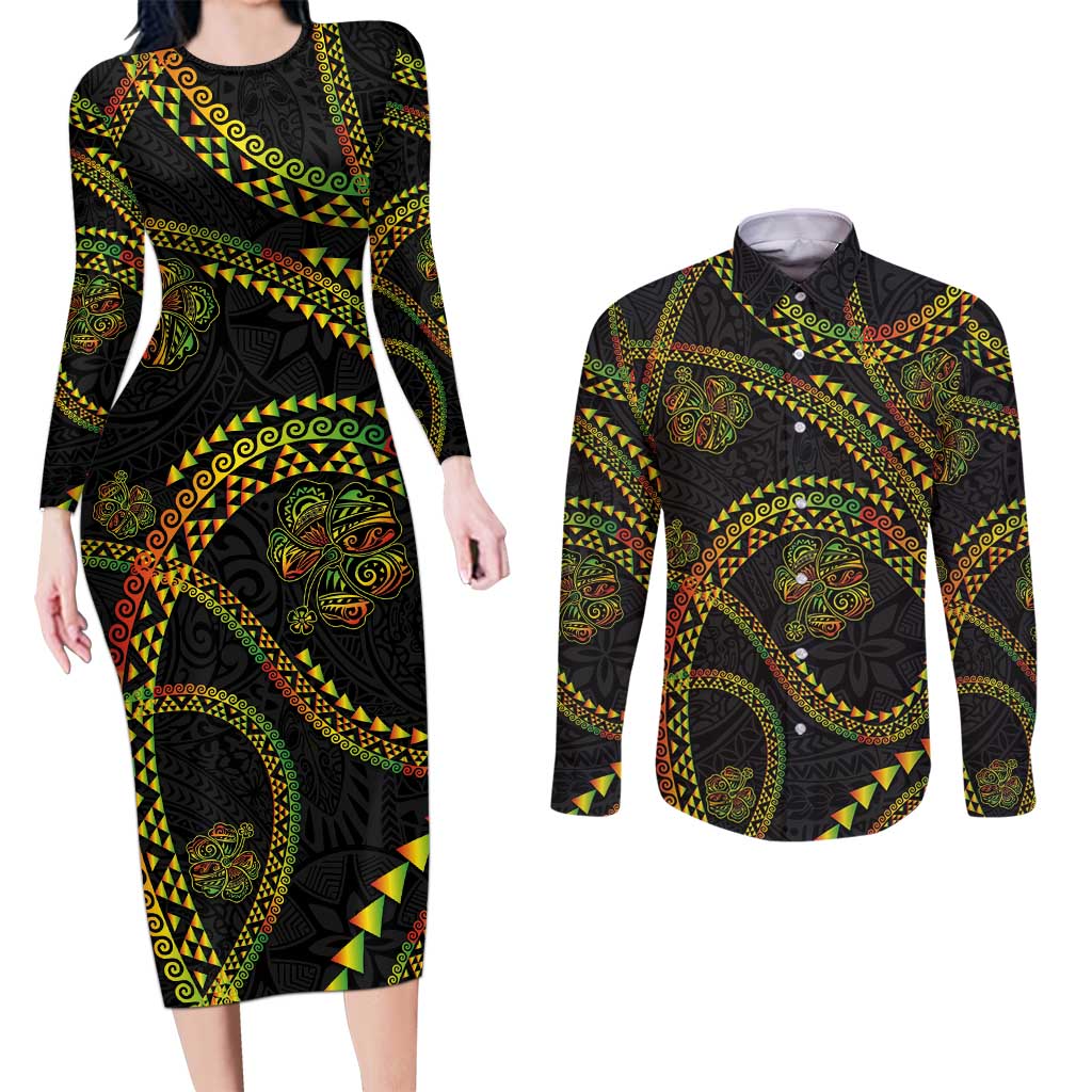 Hawaiian Kakau Art and Hisbiscus Tattoo Couples Matching Long Sleeve Bodycon Dress and Long Sleeve Button Shirt Tribal Pattern-Reggae Style - Polynesian Pride