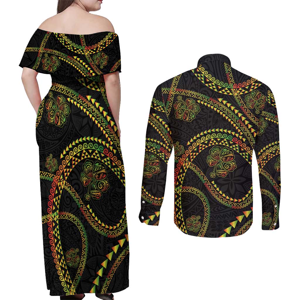Hawaiian Kakau Art and Hisbiscus Tattoo Couples Matching Off Shoulder Maxi Dress and Long Sleeve Button Shirt Tribal Pattern-Reggae Style - Polynesian Pride