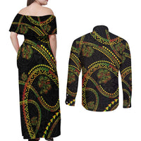 Hawaiian Kakau Art and Hisbiscus Tattoo Couples Matching Off Shoulder Maxi Dress and Long Sleeve Button Shirt Tribal Pattern-Reggae Style - Polynesian Pride