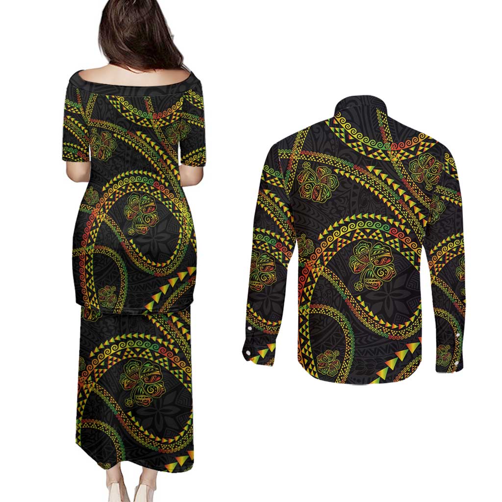 Hawaiian Kakau Art and Hisbiscus Tattoo Couples Matching Puletasi and Long Sleeve Button Shirt Tribal Pattern-Reggae Style - Polynesian Pride