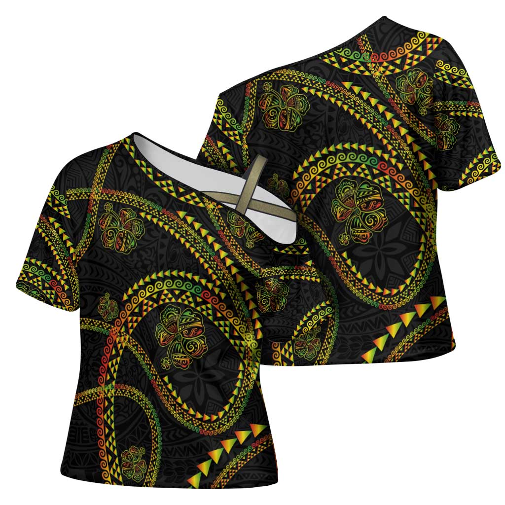 Hawaiian Kakau Art and Hisbiscus Tattoo Cross Shoulder Shirt Tribal Pattern-Reggae Style - Polynesian Pride