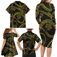 Hawaiian Kakau Art and Hisbiscus Tattoo Family Matching Long Sleeve Bodycon Dress and Hawaiian Shirt Tribal Pattern-Reggae Style - Polynesian Pride