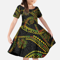 Hawaiian Kakau Art and Hisbiscus Tattoo Family Matching Off The Shoulder Long Sleeve Dress and Hawaiian Shirt Tribal Pattern-Reggae Style - Polynesian Pride
