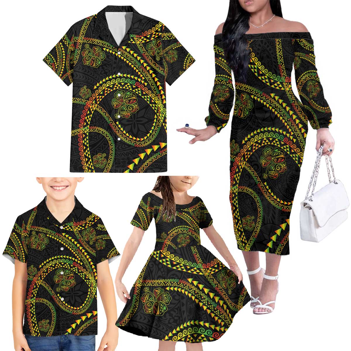 Hawaiian Kakau Art and Hisbiscus Tattoo Family Matching Off The Shoulder Long Sleeve Dress and Hawaiian Shirt Tribal Pattern-Reggae Style - Polynesian Pride