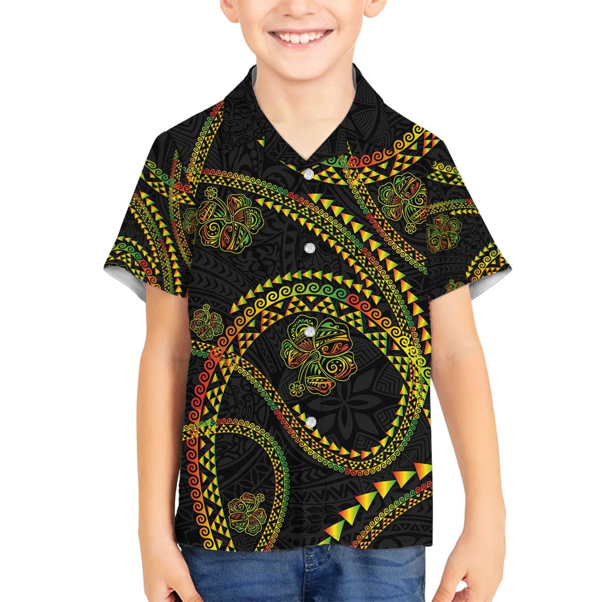 Hawaiian Kakau Art and Hisbiscus Tattoo Family Matching Off The Shoulder Long Sleeve Dress and Hawaiian Shirt Tribal Pattern-Reggae Style - Polynesian Pride
