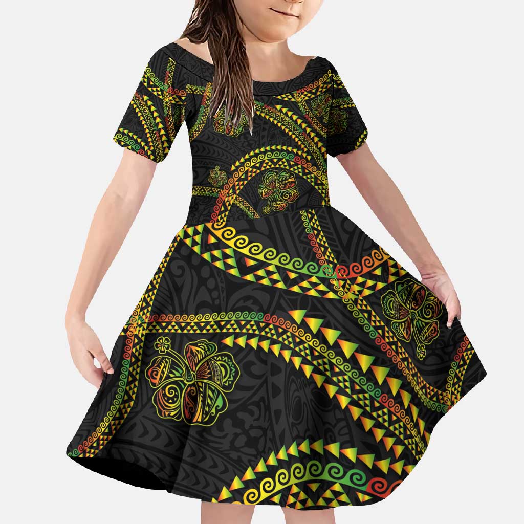 Hawaiian Kakau Art and Hisbiscus Tattoo Family Matching Short Sleeve Bodycon Dress and Hawaiian Shirt Tribal Pattern-Reggae Style - Polynesian Pride