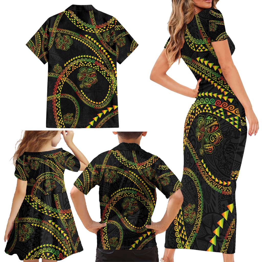 Hawaiian Kakau Art and Hisbiscus Tattoo Family Matching Short Sleeve Bodycon Dress and Hawaiian Shirt Tribal Pattern-Reggae Style - Polynesian Pride