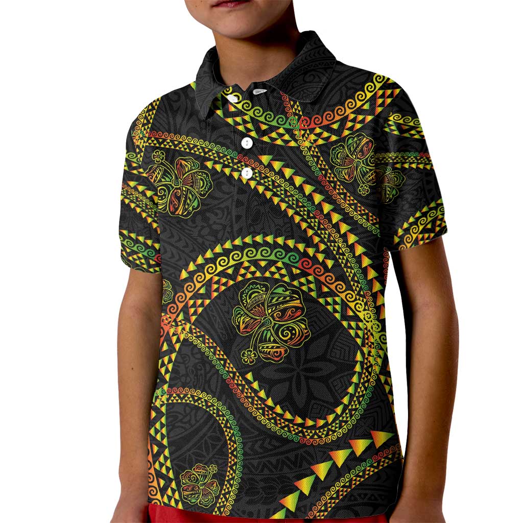 Hawaiian Kakau Art and Hisbiscus Tattoo Kid Polo Shirt Tribal Pattern-Reggae Style LT03 Kid Black - Polynesian Pride