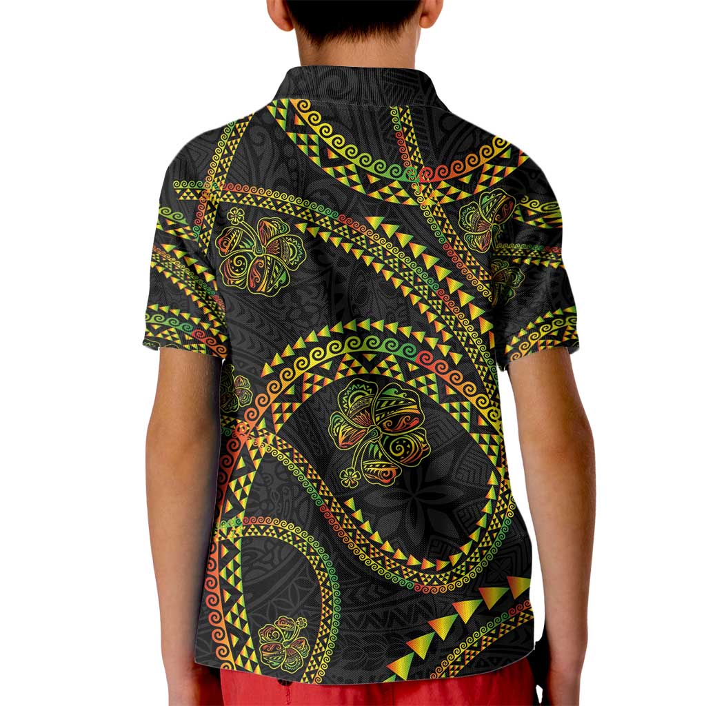 Hawaiian Kakau Art and Hisbiscus Tattoo Kid Polo Shirt Tribal Pattern-Reggae Style - Polynesian Pride