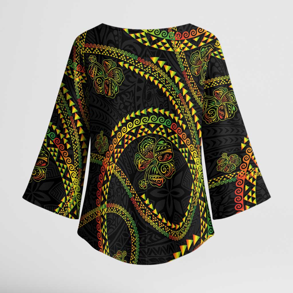 Hawaiian Kakau Art and Hisbiscus Tattoo Kimono Sleeve Blouse Tribal Pattern-Reggae Style - Polynesian Pride