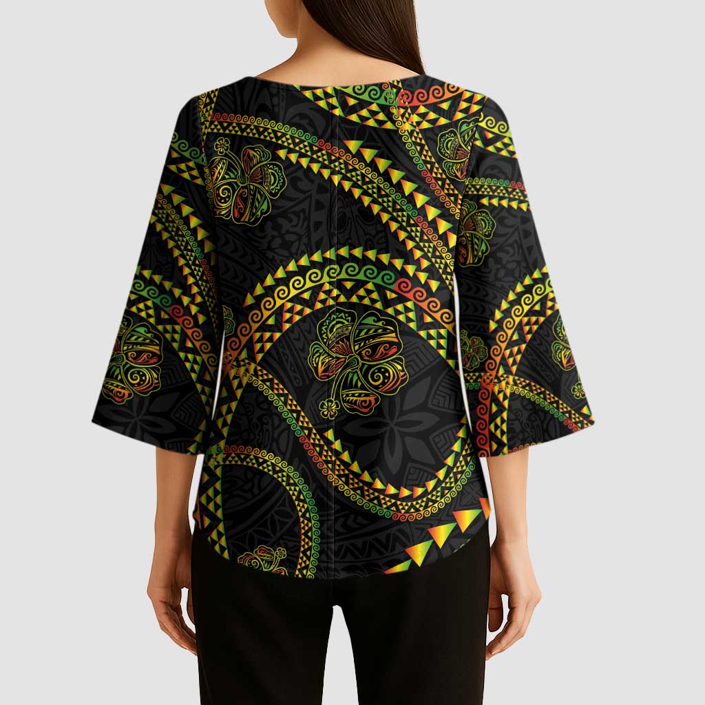 Hawaiian Kakau Art and Hisbiscus Tattoo Kimono Sleeve Blouse Tribal Pattern-Reggae Style - Polynesian Pride