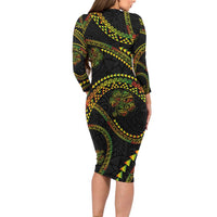 Hawaiian Kakau Art and Hisbiscus Tattoo Long Sleeve Bodycon Dress Tribal Pattern-Reggae Style - Polynesian Pride