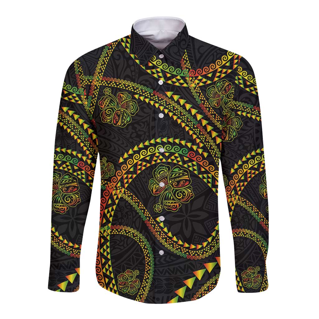 Hawaiian Kakau Art and Hisbiscus Tattoo Long Sleeve Button Shirt Tribal Pattern-Reggae Style - Polynesian Pride