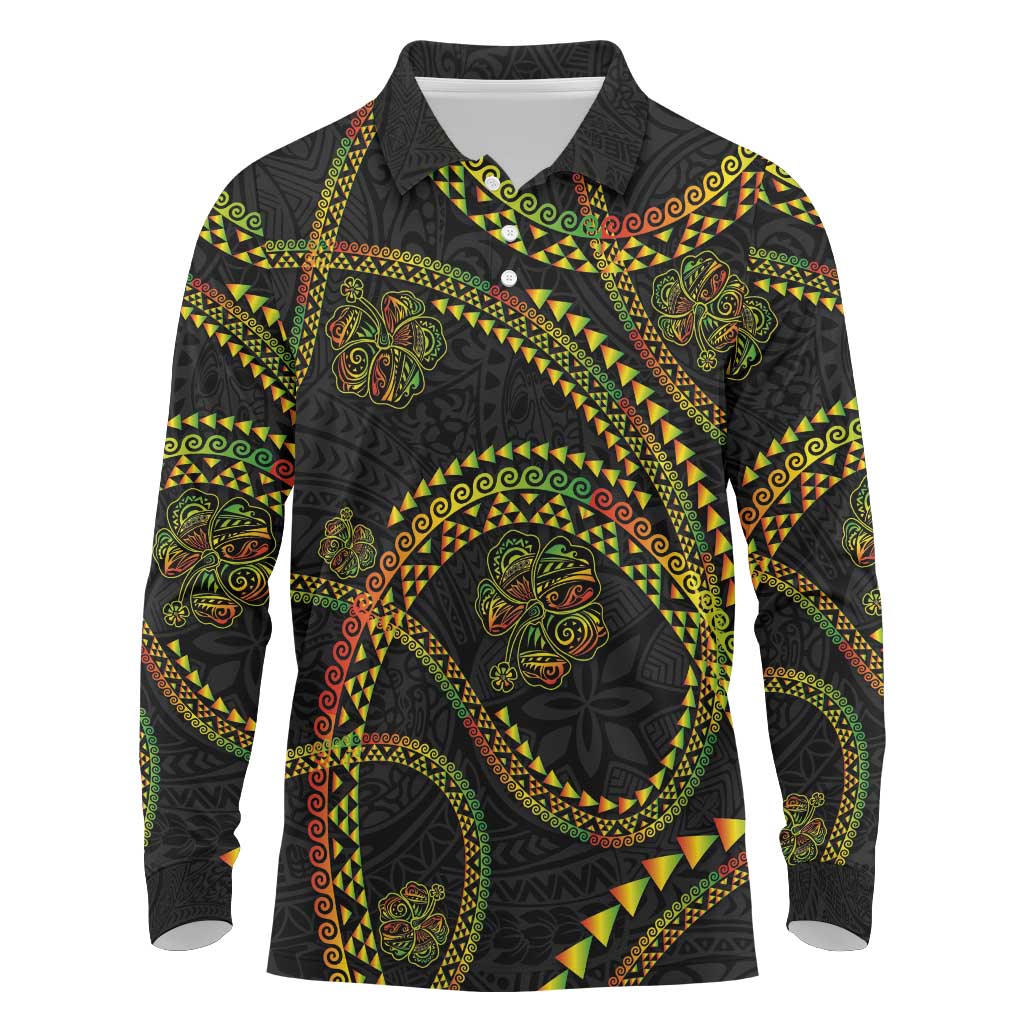 Hawaiian Kakau Art and Hisbiscus Tattoo Long Sleeve Polo Shirt Tribal Pattern-Reggae Style - Polynesian Pride