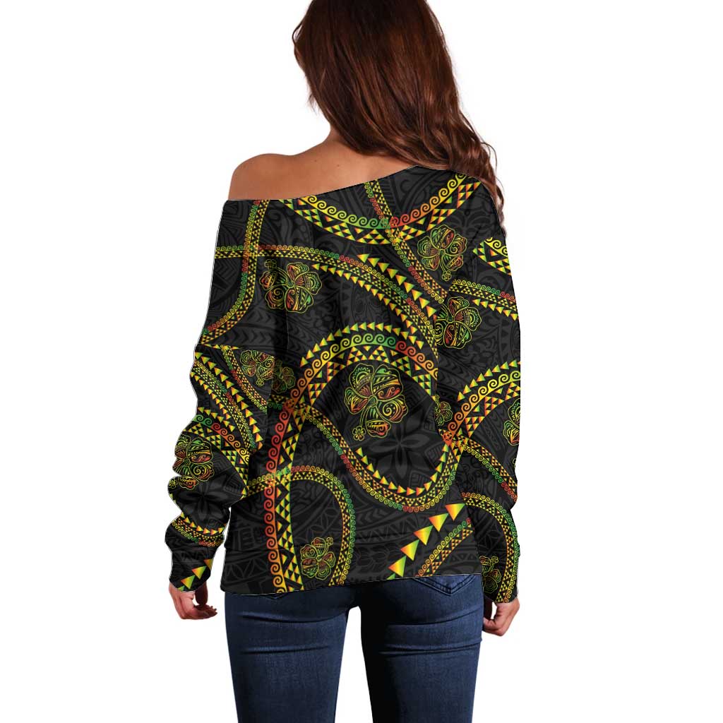 Hawaiian Kakau Art and Hisbiscus Tattoo Off Shoulder Sweater Tribal Pattern-Reggae Style - Polynesian Pride