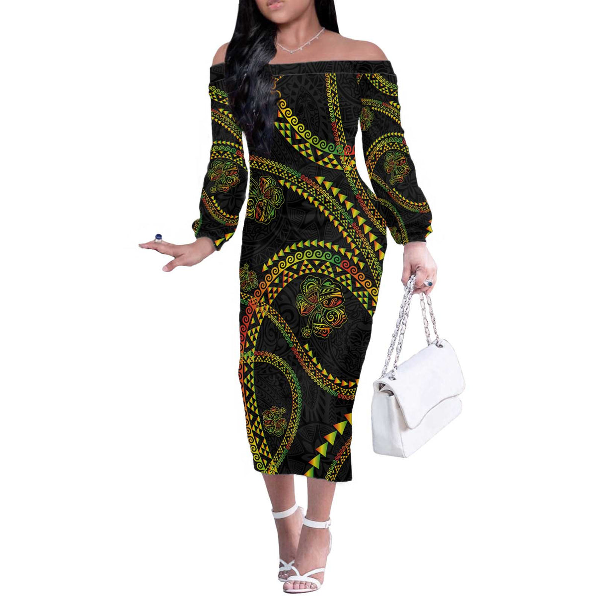 Hawaiian Kakau Art and Hisbiscus Tattoo Off The Shoulder Long Sleeve Dress Tribal Pattern-Reggae Style - Polynesian Pride