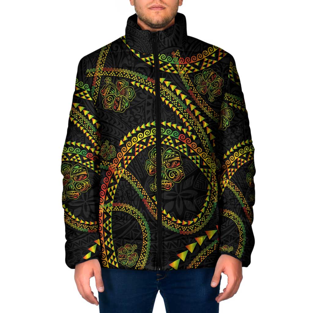 Hawaiian Kakau Art and Hisbiscus Tattoo Padded Jacket Tribal Pattern-Reggae Style - Polynesian Pride