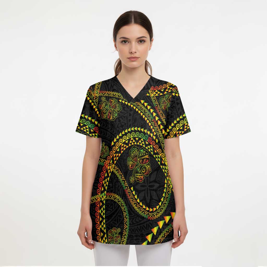 Hawaiian Kakau Art and Hisbiscus Tattoo Scrub Top Tribal Pattern-Reggae Style - Polynesian Pride