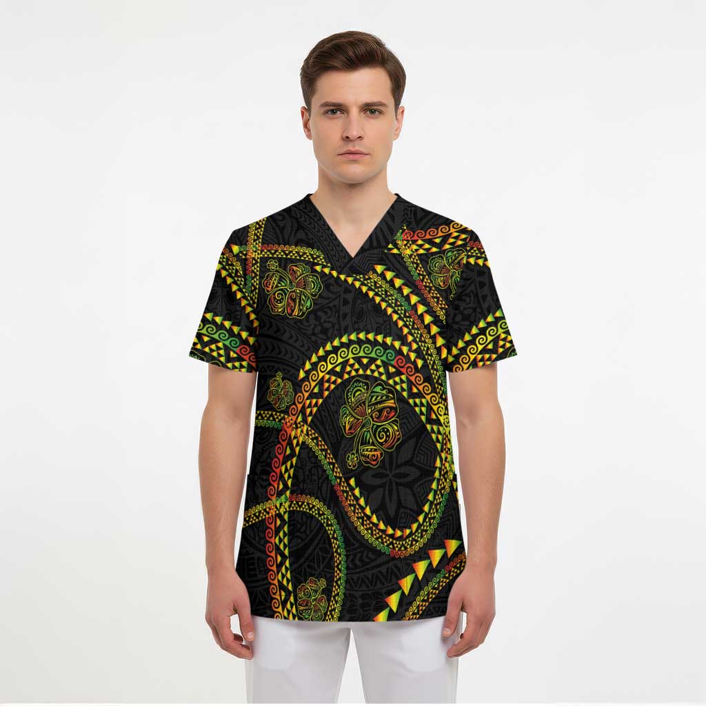 Hawaiian Kakau Art and Hisbiscus Tattoo Scrub Top Tribal Pattern-Reggae Style - Polynesian Pride
