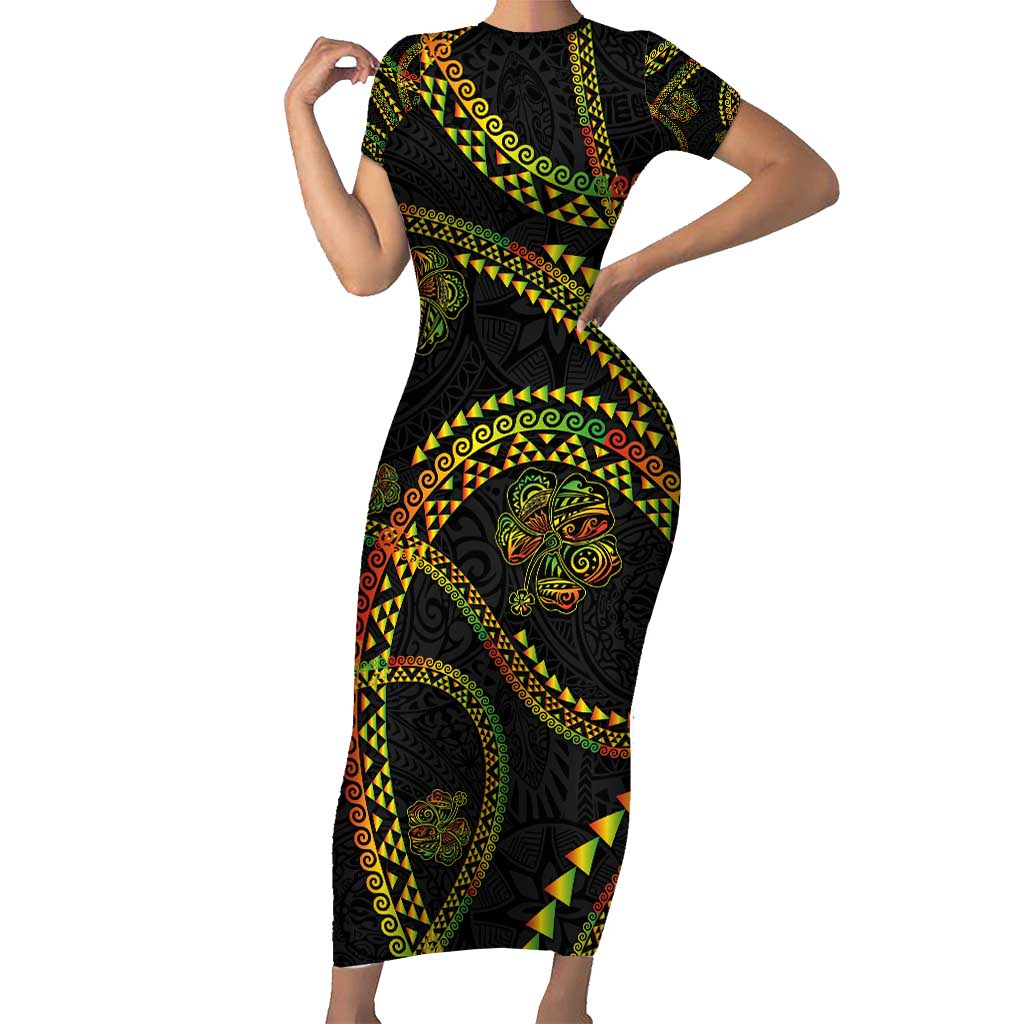 Hawaiian Kakau Art and Hisbiscus Tattoo Short Sleeve Bodycon Dress Tribal Pattern-Reggae Style - Polynesian Pride