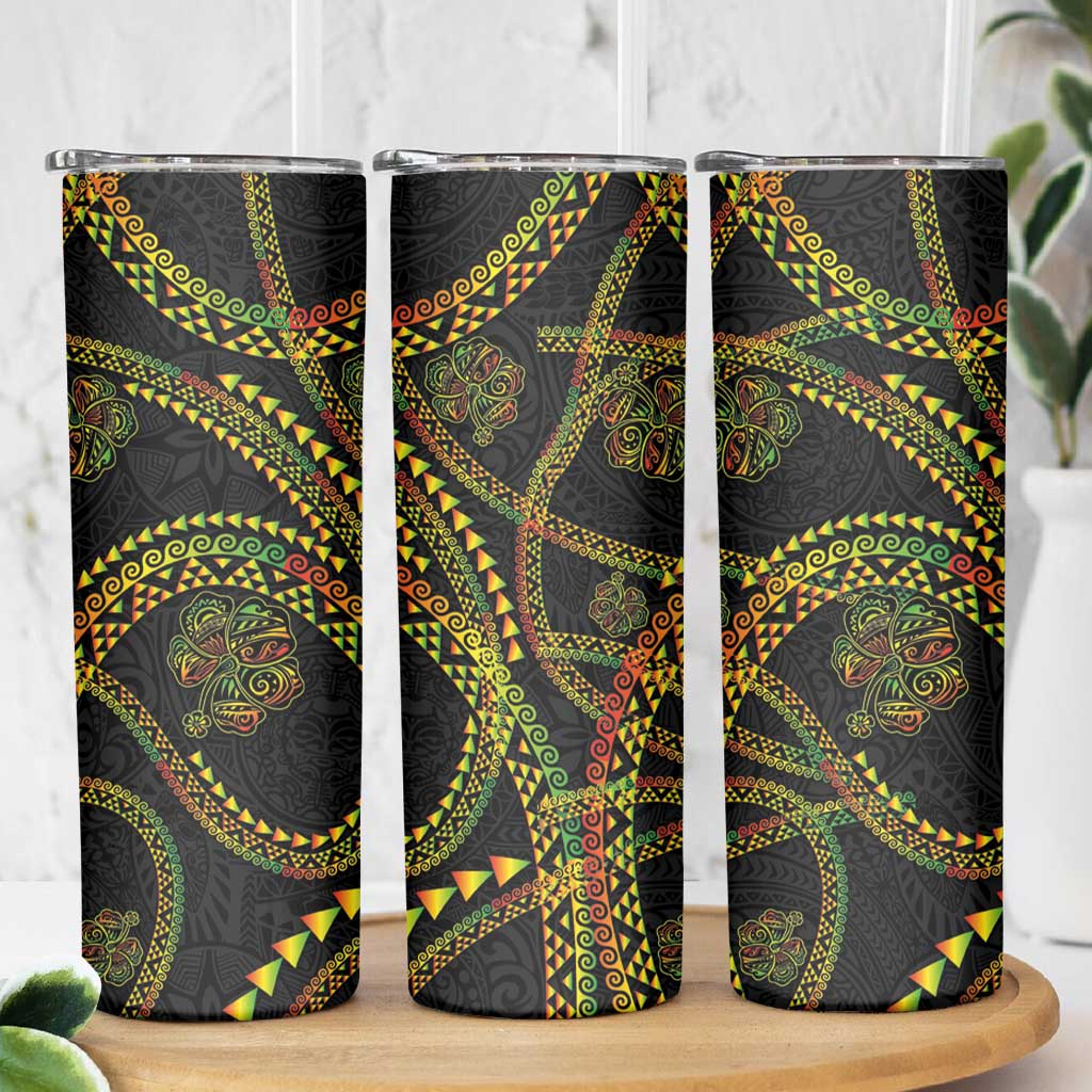 Hawaiian Kakau Art and Hisbiscus Tattoo Skinny Tumbler Tribal Pattern-Reggae Style - Polynesian Pride