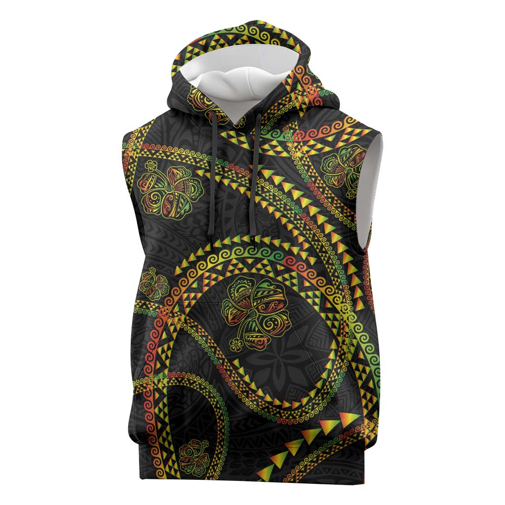 Hawaiian Kakau Art and Hisbiscus Tattoo Sleeveless Hoodie Tribal Pattern-Reggae Style - Polynesian Pride