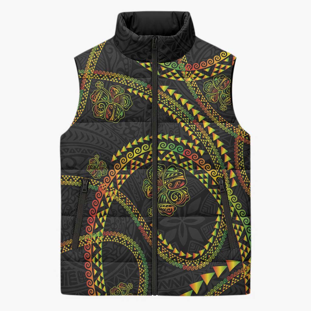 Hawaiian Kakau Art and Hisbiscus Tattoo Sleeveless Puffer Jacket Tribal Pattern-Reggae Style - Polynesian Pride