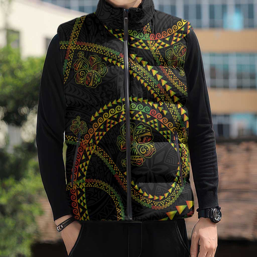 Hawaiian Kakau Art and Hisbiscus Tattoo Sleeveless Puffer Jacket Tribal Pattern-Reggae Style - Polynesian Pride