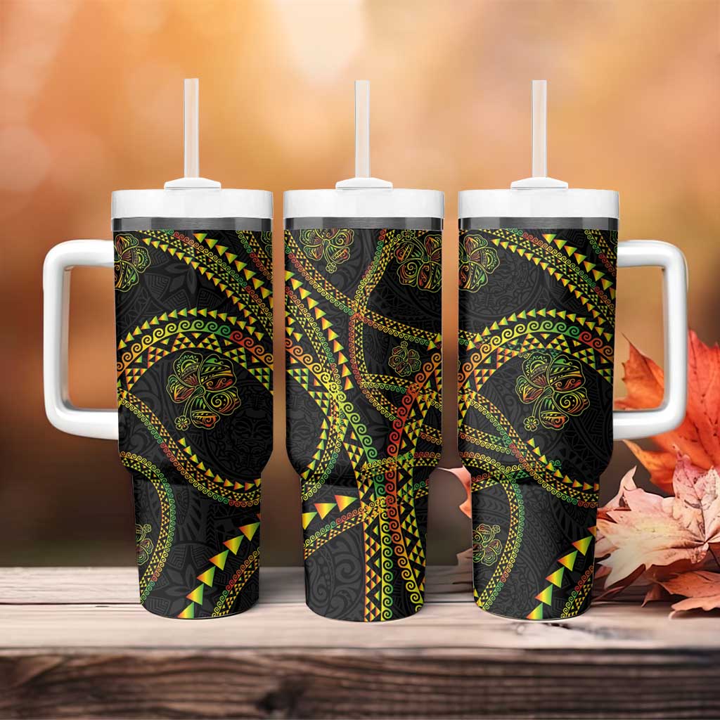 Hawaiian Kakau Art and Hisbiscus Tattoo Tumbler With Handle Tribal Pattern-Reggae Style - Polynesian Pride