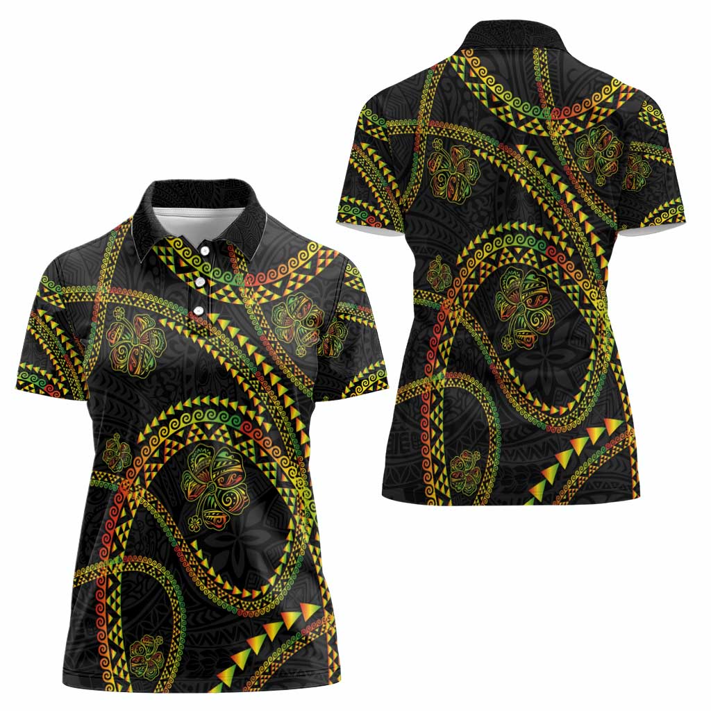 Hawaiian Kakau Art and Hisbiscus Tattoo Women Polo Shirt Tribal Pattern-Reggae Style - Polynesian Pride