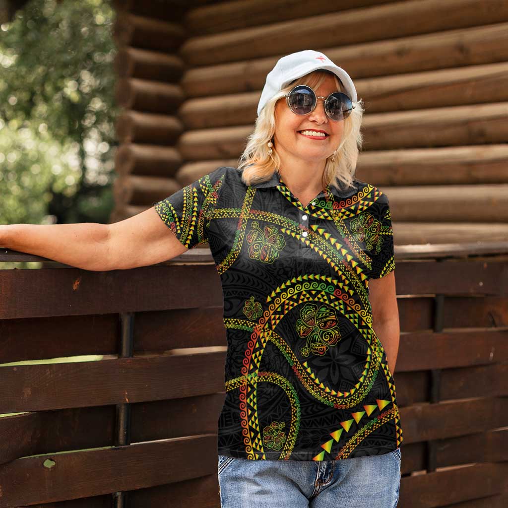 Hawaiian Kakau Art and Hisbiscus Tattoo Women Polo Shirt Tribal Pattern-Reggae Style - Polynesian Pride