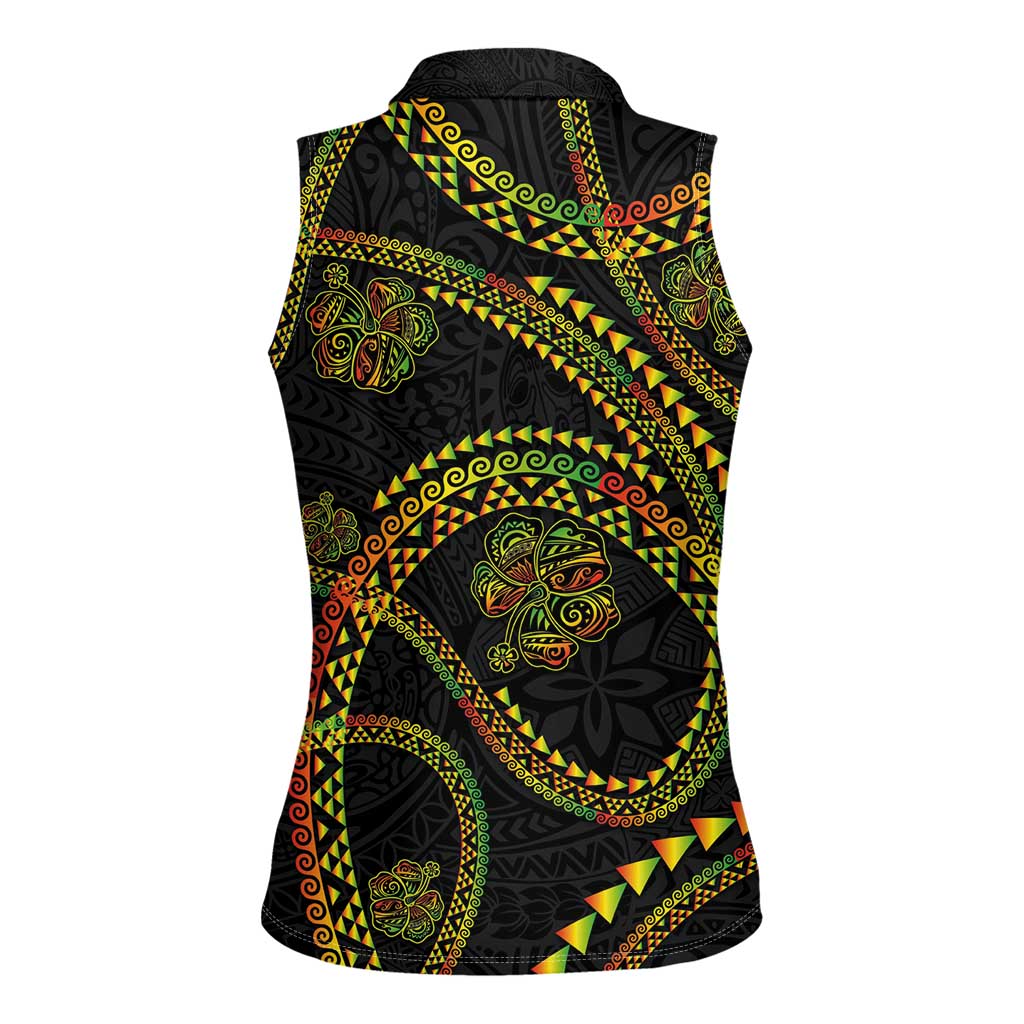 Hawaiian Kakau Art and Hisbiscus Tattoo Women Sleeveless Polo Shirt Tribal Pattern-Reggae Style - Polynesian Pride