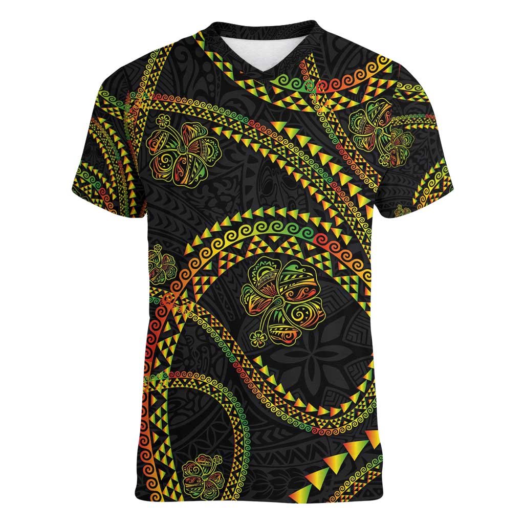 Hawaiian Kakau Art and Hisbiscus Tattoo Women V-Neck T-Shirt Tribal Pattern-Reggae Style - Polynesian Pride