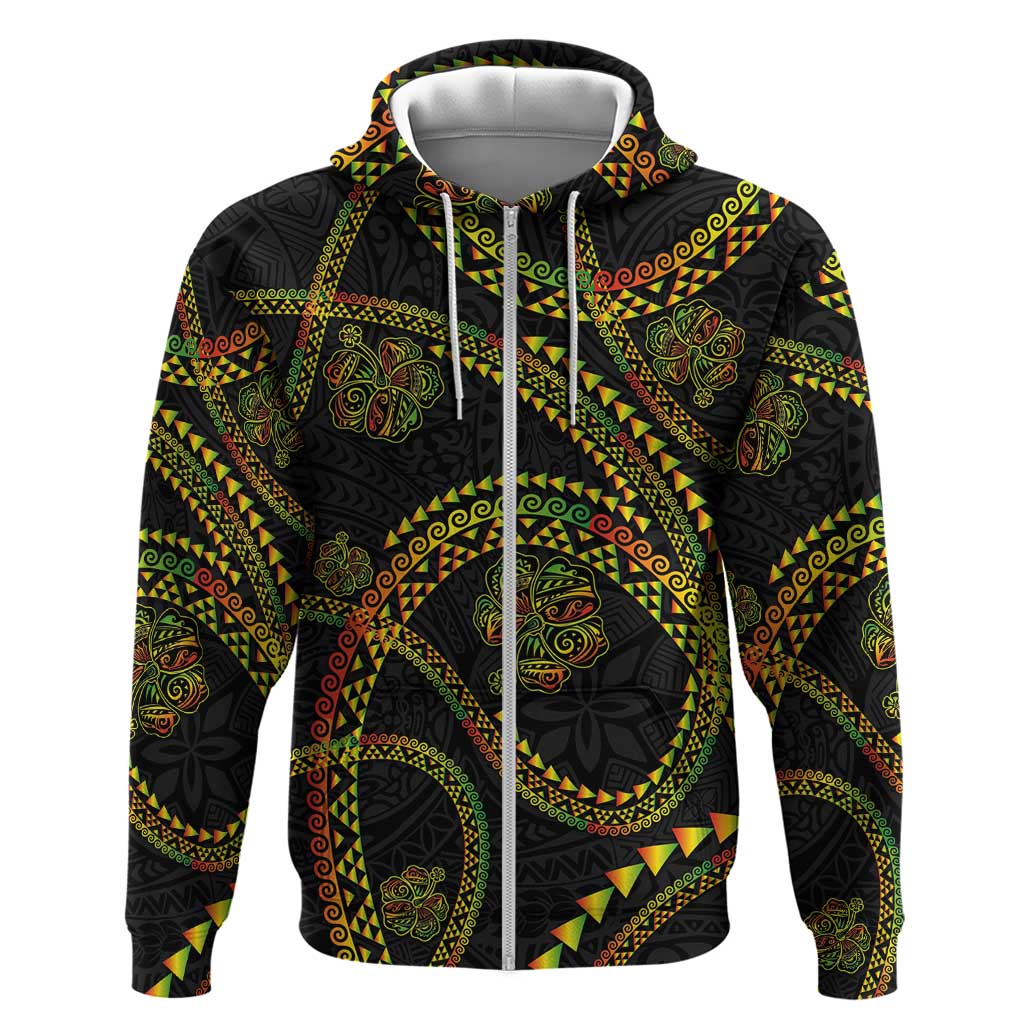 Hawaiian Kakau Art and Hisbiscus Tattoo Zip Hoodie Tribal Pattern-Reggae Style - Polynesian Pride