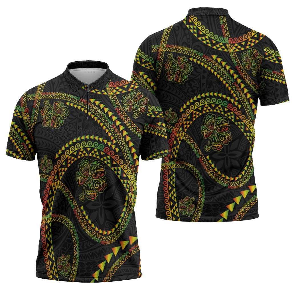 Hawaiian Kakau Art and Hisbiscus Tattoo Zipper Polo Shirt Tribal Pattern-Reggae Style - Polynesian Pride