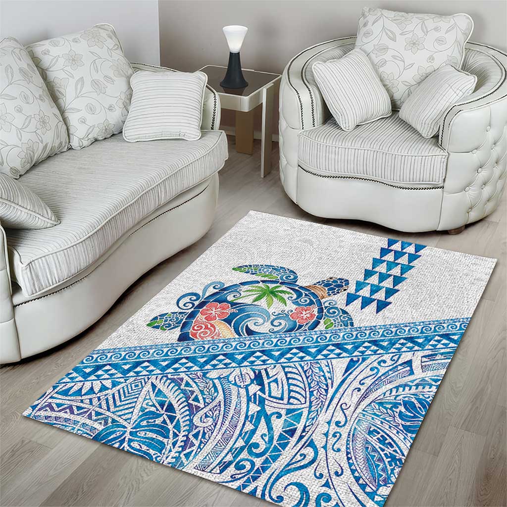 Hawaiian Abstract Sea Turtle Area Rug Polynesian Tapa Art and Kakau Tattoo White WaterColor - Polynesian Pride