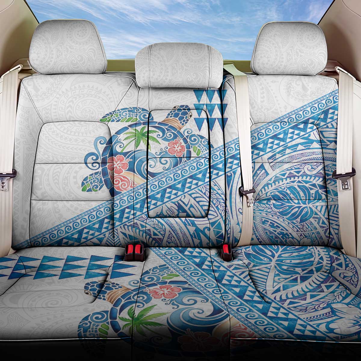 Hawaiian Abstract Sea Turtle Back Car Seat Cover Polynesian Tapa Art and Kakau Tattoo White WaterColor - Polynesian Pride