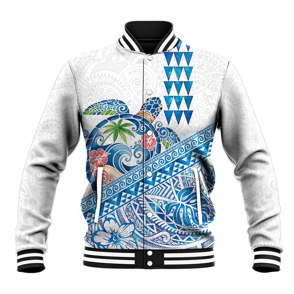Hawaiian Abstract Sea Turtle Baseball Jacket Polynesian Tapa Art and Kakau Tattoo White WaterColor - Polynesian Pride