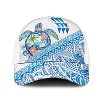 Hawaiian Abstract Sea Turtle Baseball Net Cap Polynesian Tapa Art and Kakau Tattoo White WaterColor - Polynesian Pride