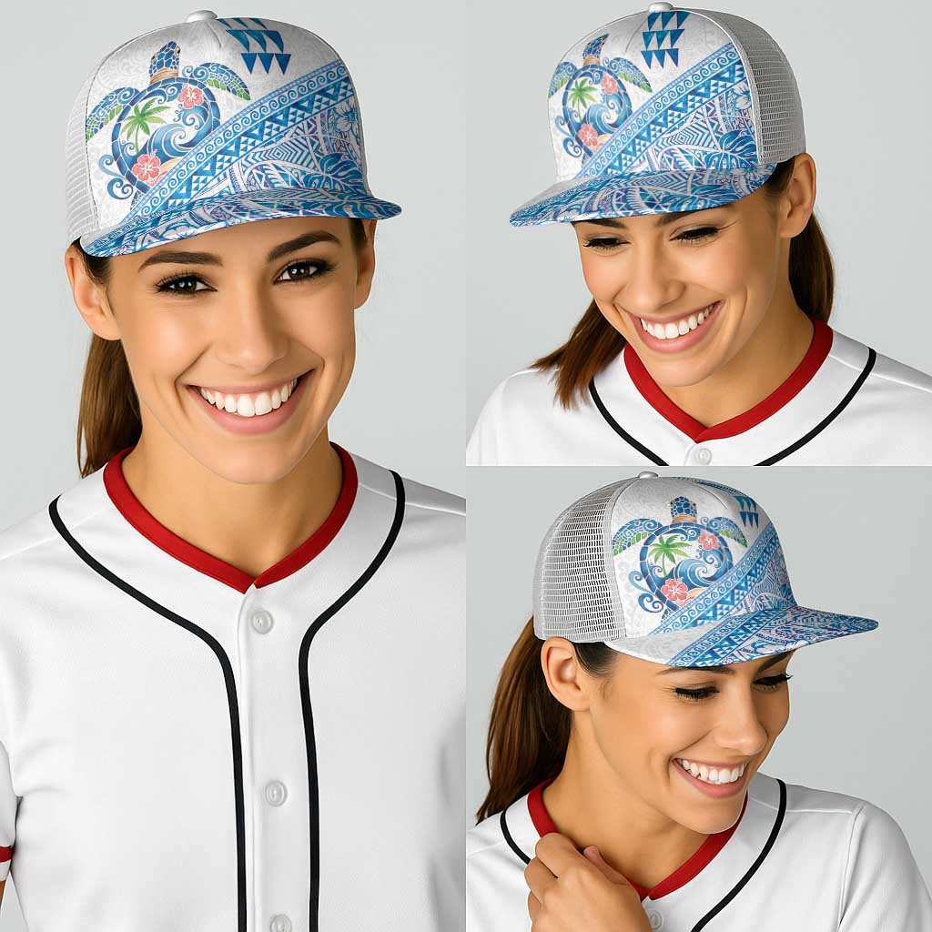 Hawaiian Abstract Sea Turtle Baseball Net Cap Polynesian Tapa Art and Kakau Tattoo White WaterColor - Polynesian Pride