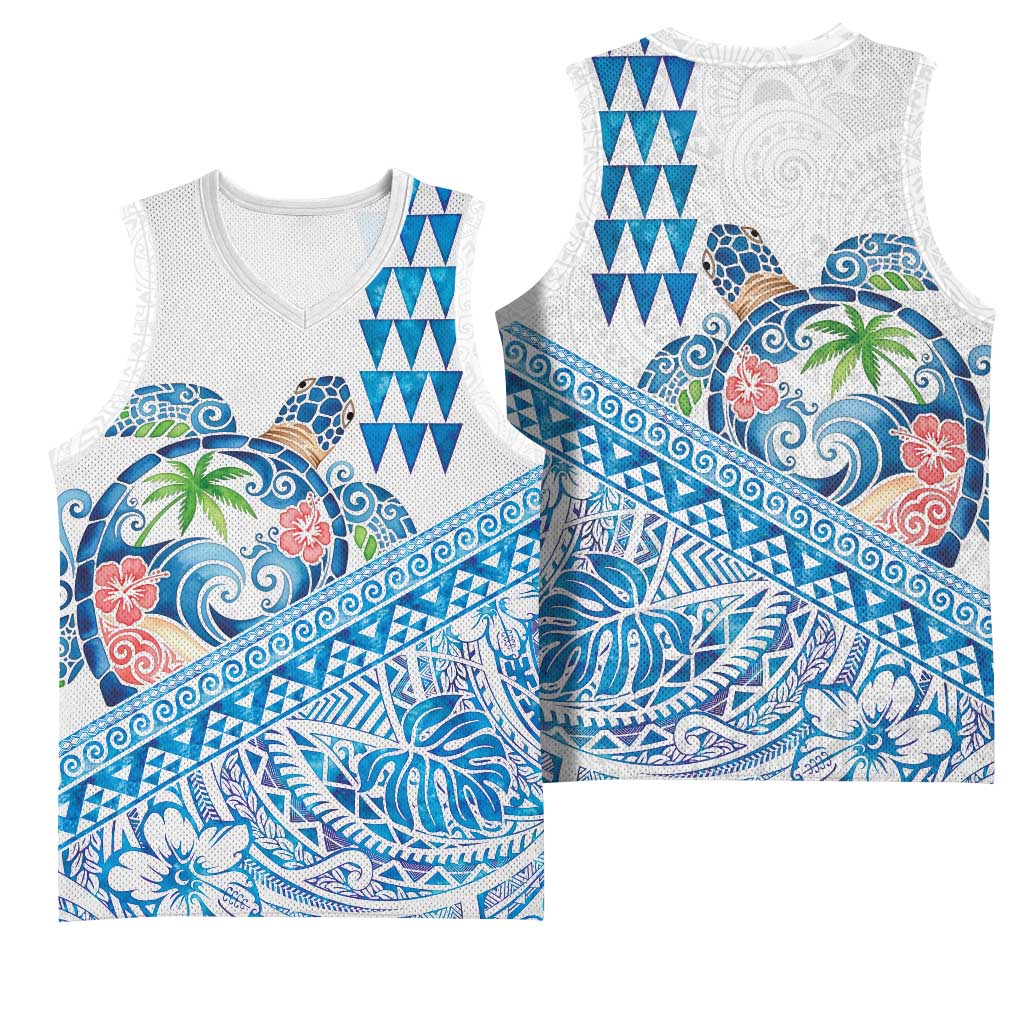 Hawaiian Abstract Sea Turtle Basketball Jersey Polynesian Tapa Art and Kakau Tattoo White WaterColor - Polynesian Pride