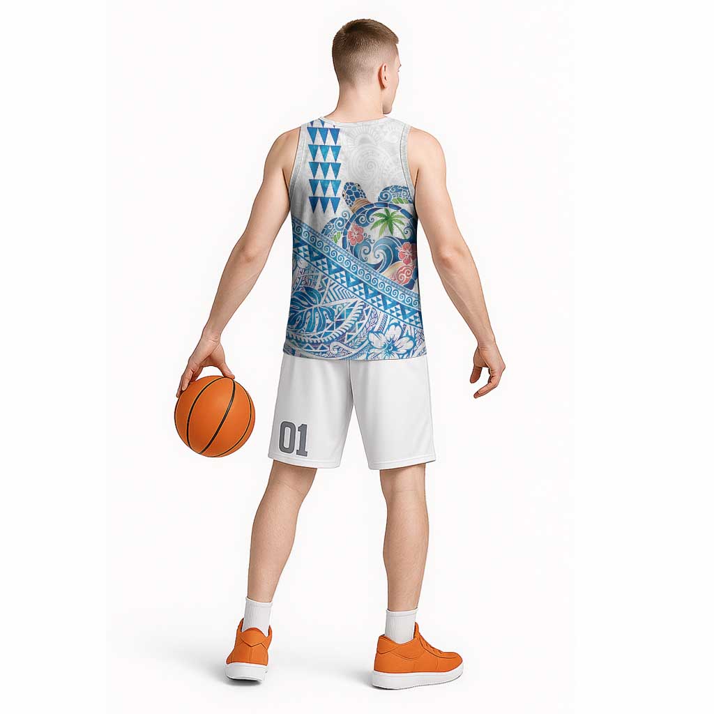 Hawaiian Abstract Sea Turtle Basketball Jersey Polynesian Tapa Art and Kakau Tattoo White WaterColor - Polynesian Pride