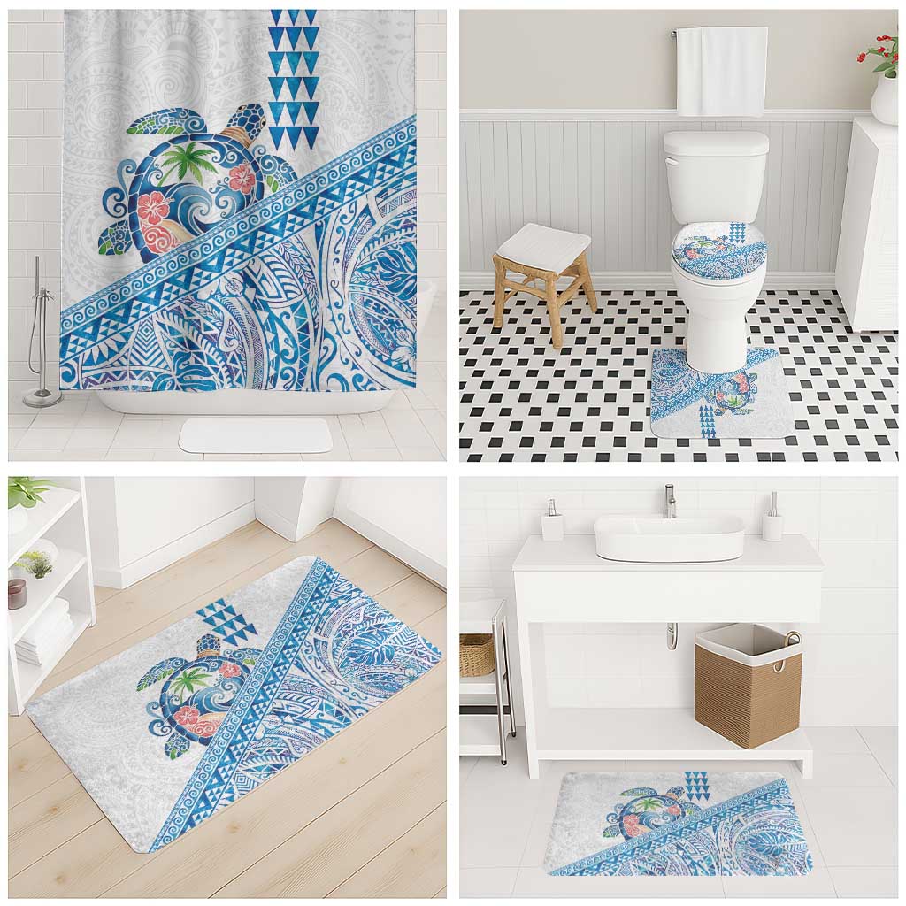 Hawaiian Abstract Sea Turtle Bathroom Set Polynesian Tapa Art and Kakau Tattoo White WaterColor - Polynesian Pride