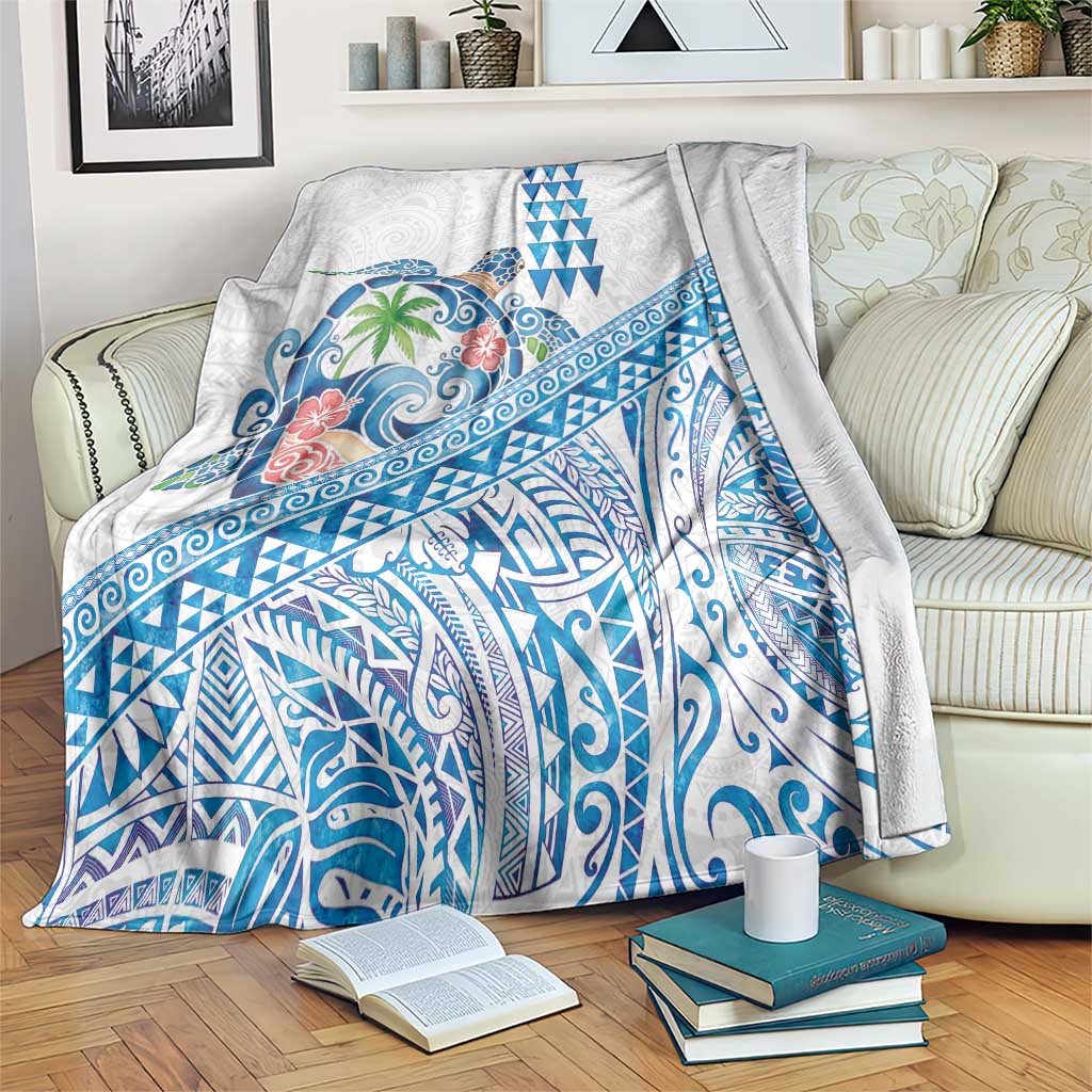 Hawaiian Abstract Sea Turtle Blanket Polynesian Tapa Art and Kakau Tattoo White WaterColor - Polynesian Pride