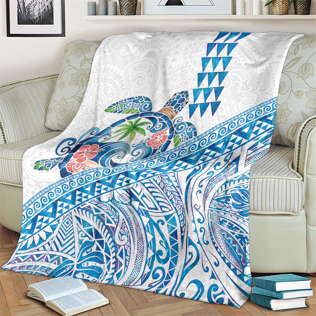 Hawaiian Abstract Sea Turtle Blanket Polynesian Tapa Art and Kakau Tattoo White WaterColor - Polynesian Pride